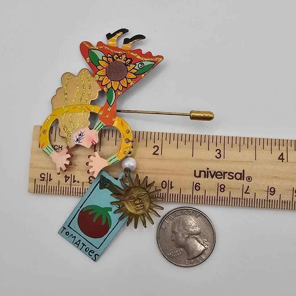 Karen Rossi Stick Pin‎ Brooch Multicolor Whimsical Gardener Sun Tomato Charms
